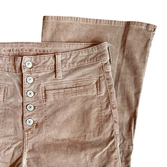 American Eagle Women’s Sz 12 Tan Super High Rise Flare Jeans Stretch Corduroy - Picture 5 of 14